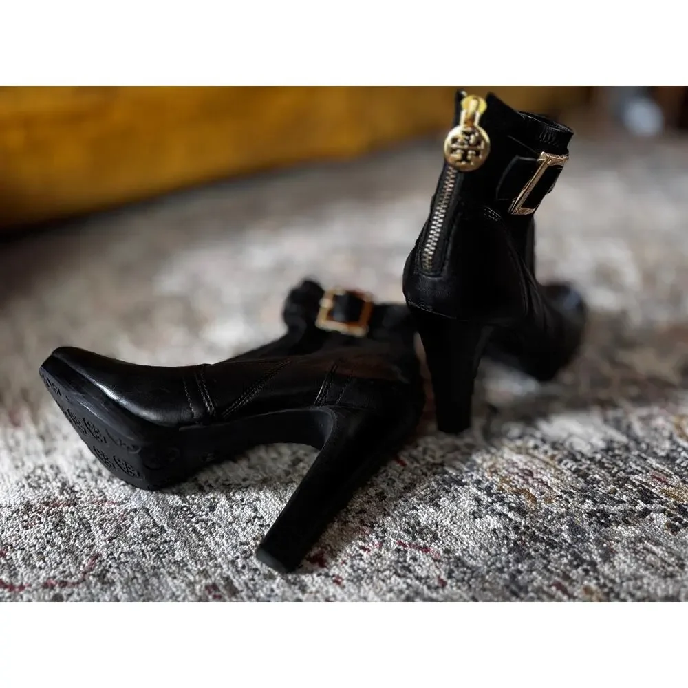 Tory Burch Black Leather Ankle Boots Gold Buckle Side Zip High Heel Booties 8.5